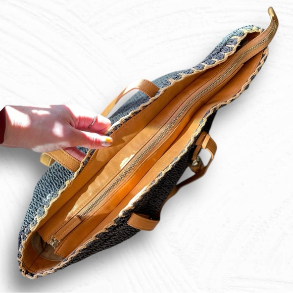 Talbots 🪢 Raffia Straw Tote Bag Navy w/ Tan Leather Straps & Tassel - Picture 11 of 14